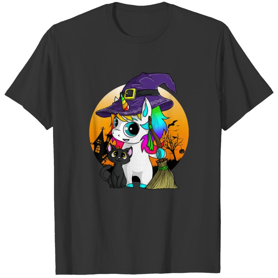 Unicorn Witch Halloween Black Cat Orange Moon T-shirt