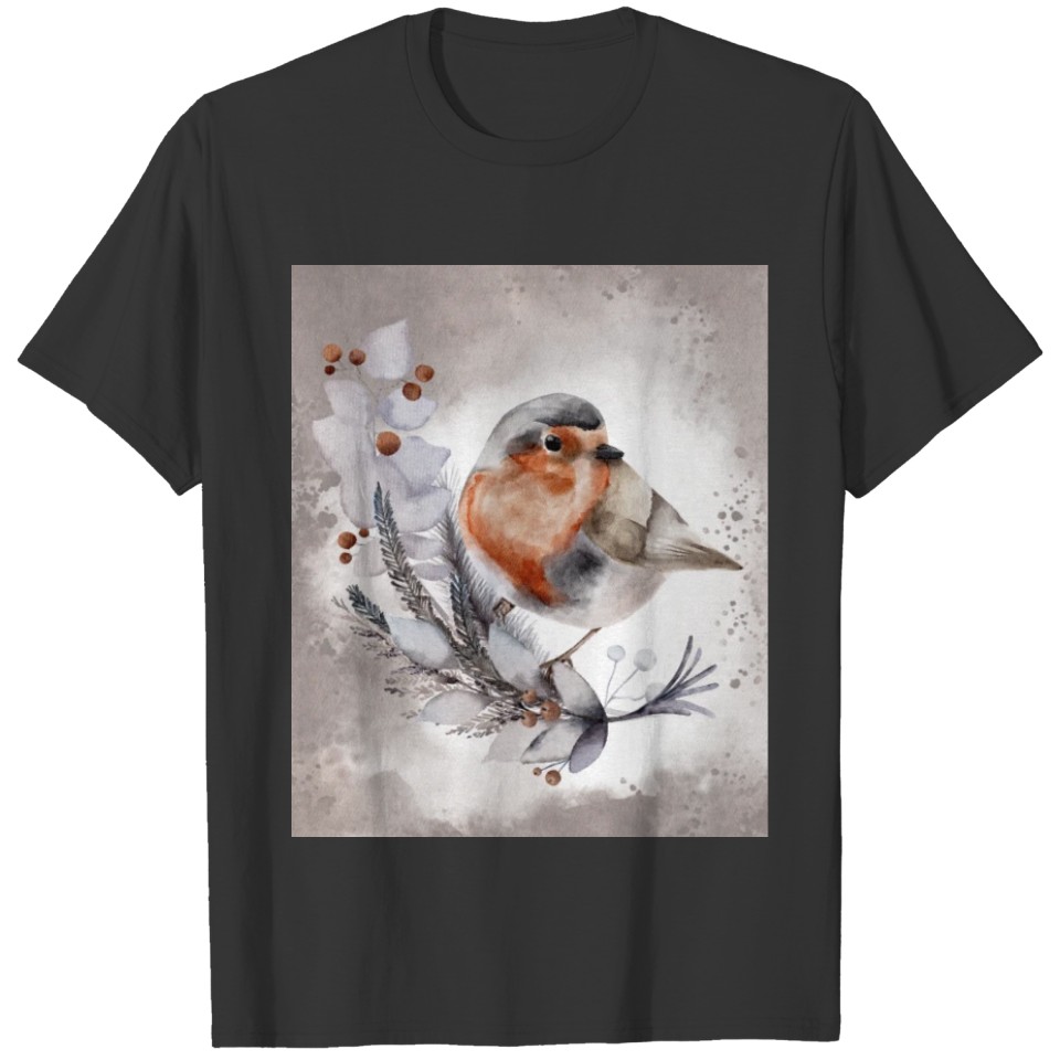 Watercolor Robin Bird with a flower T-shirt