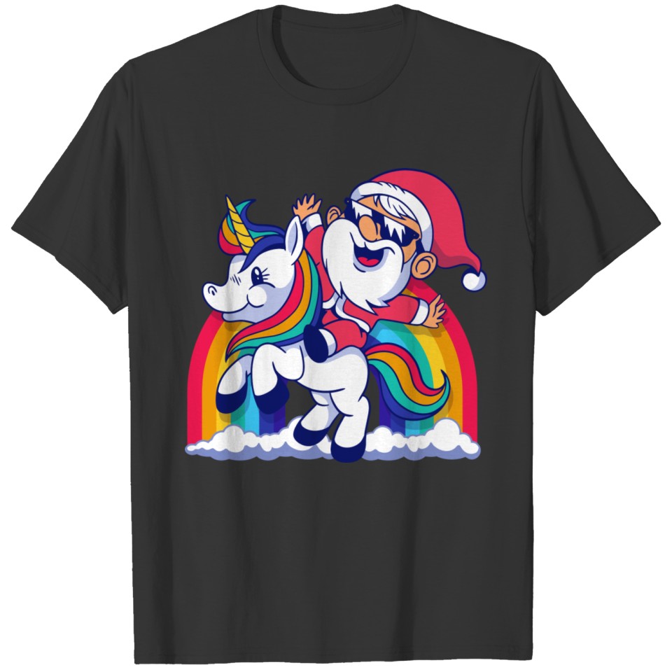 Santa Riding A Unicorn Funny Rainbow Christmas T-shirt