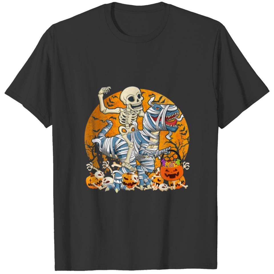 Skeleton Riding Dinosaur Mummy Pumpkin T rex T-shirt
