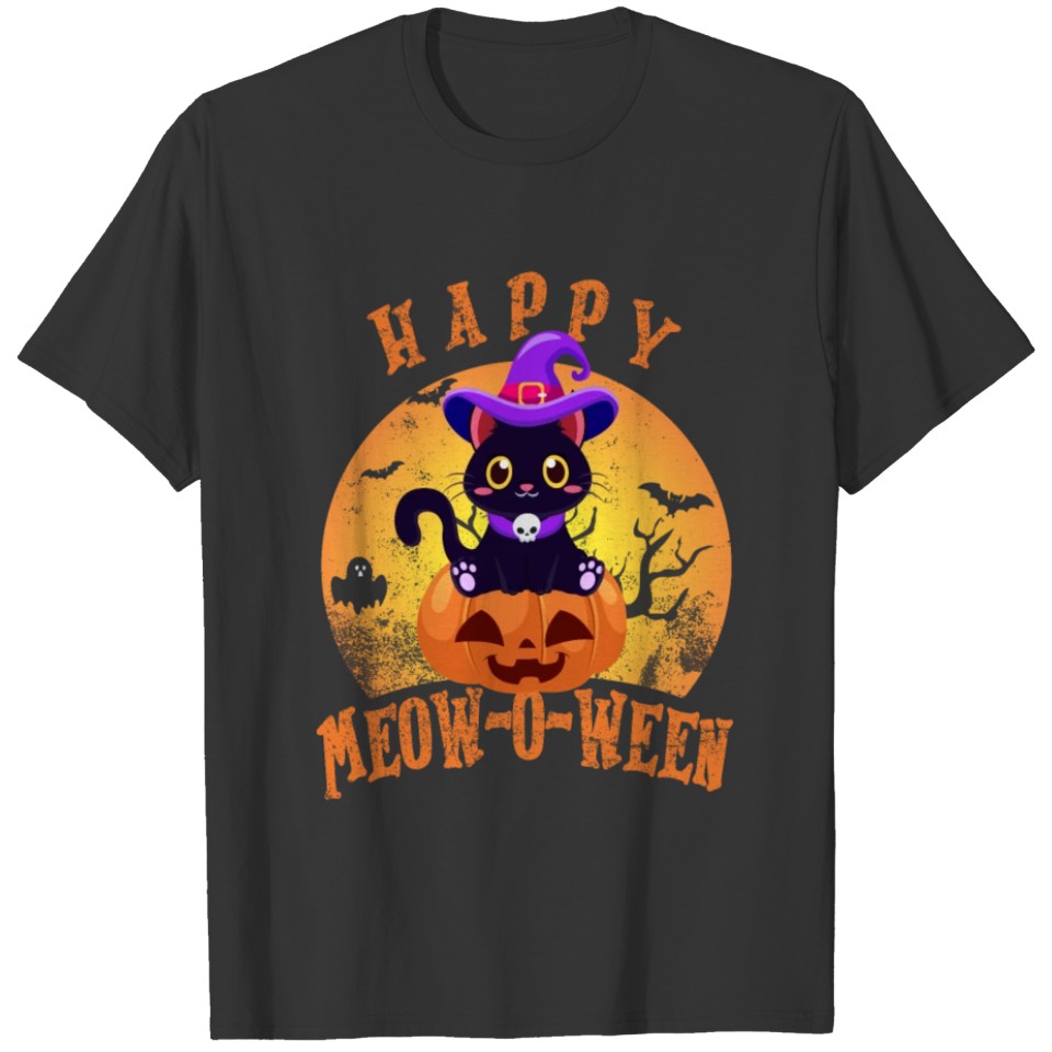 Happy Halloween Meowoween Cute Black Cat Witch Hat T-shirt