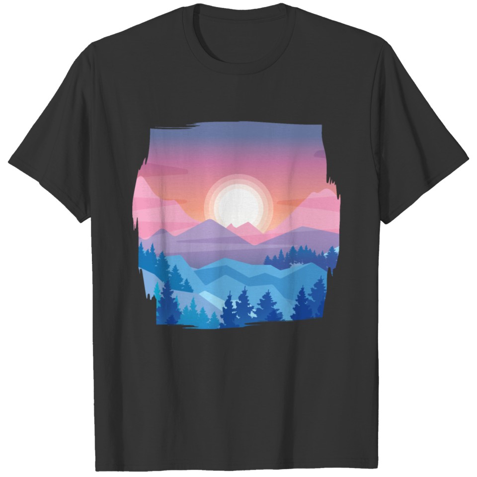 landscape with the sun setting between the mountai T-shirt