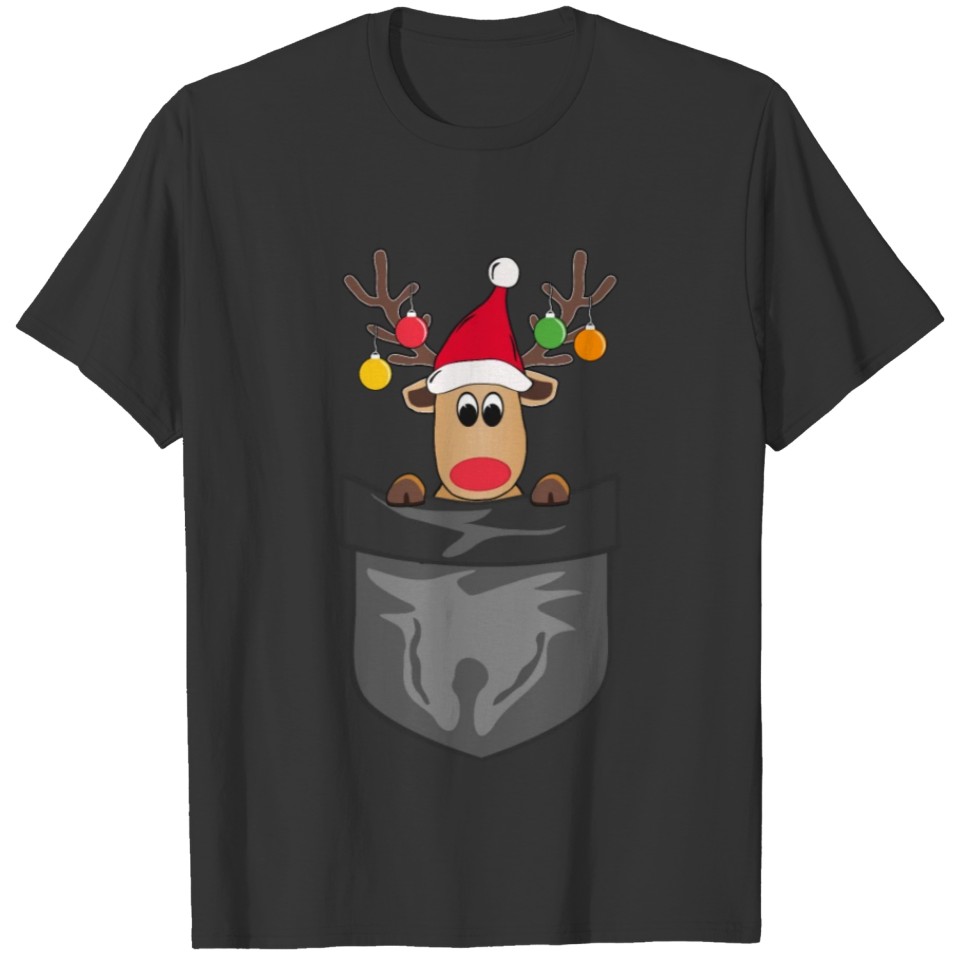 Reindeer in Chest Pocket Santa Funny Christmas Elk T Shirts