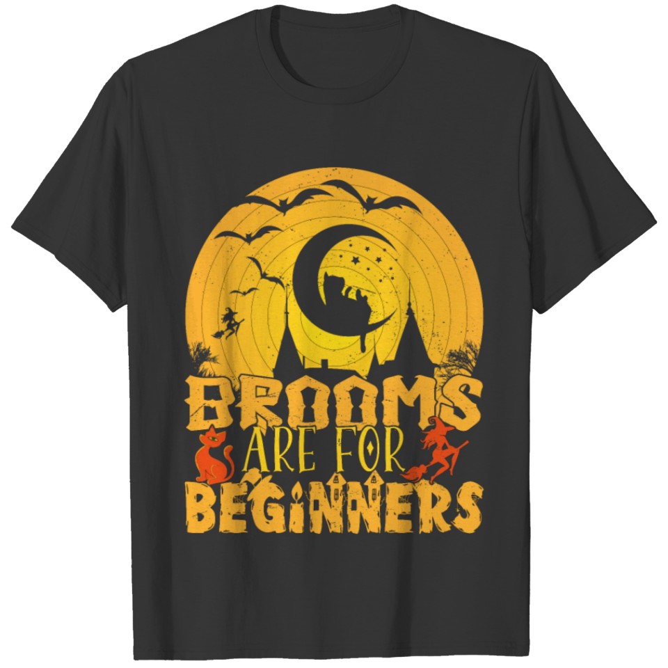 Brooms are for Beginners Funny Halloween Cat T-shirt