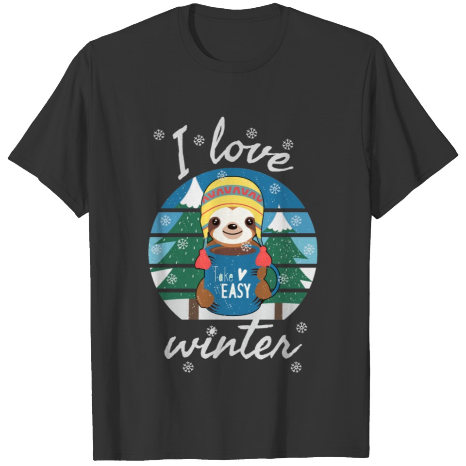 I Love Winter | cute funny sloth wearing ice cap T-shirt