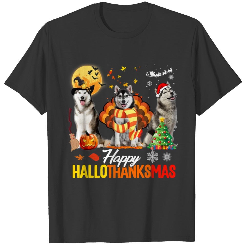 Husky Dog Happy Hallothanksmas Halloween T-shirt