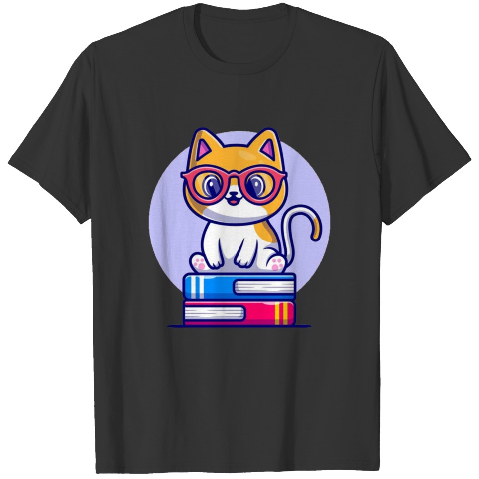 Cute cat sitting on book stack T Shirts