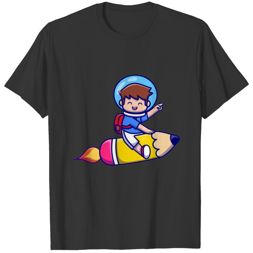 Cute boy flying with pencil rocket T-shirt