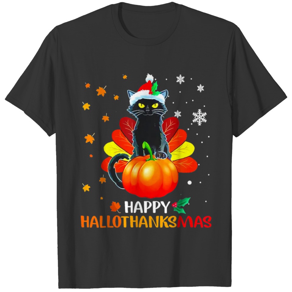 Black Cat Halloween And Merry Christmas T-shirt