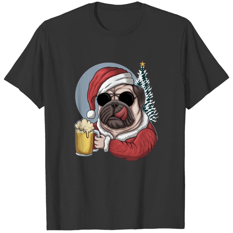 Pug Dog Beer Wearing a Santa Costume For Christmas T-shirt