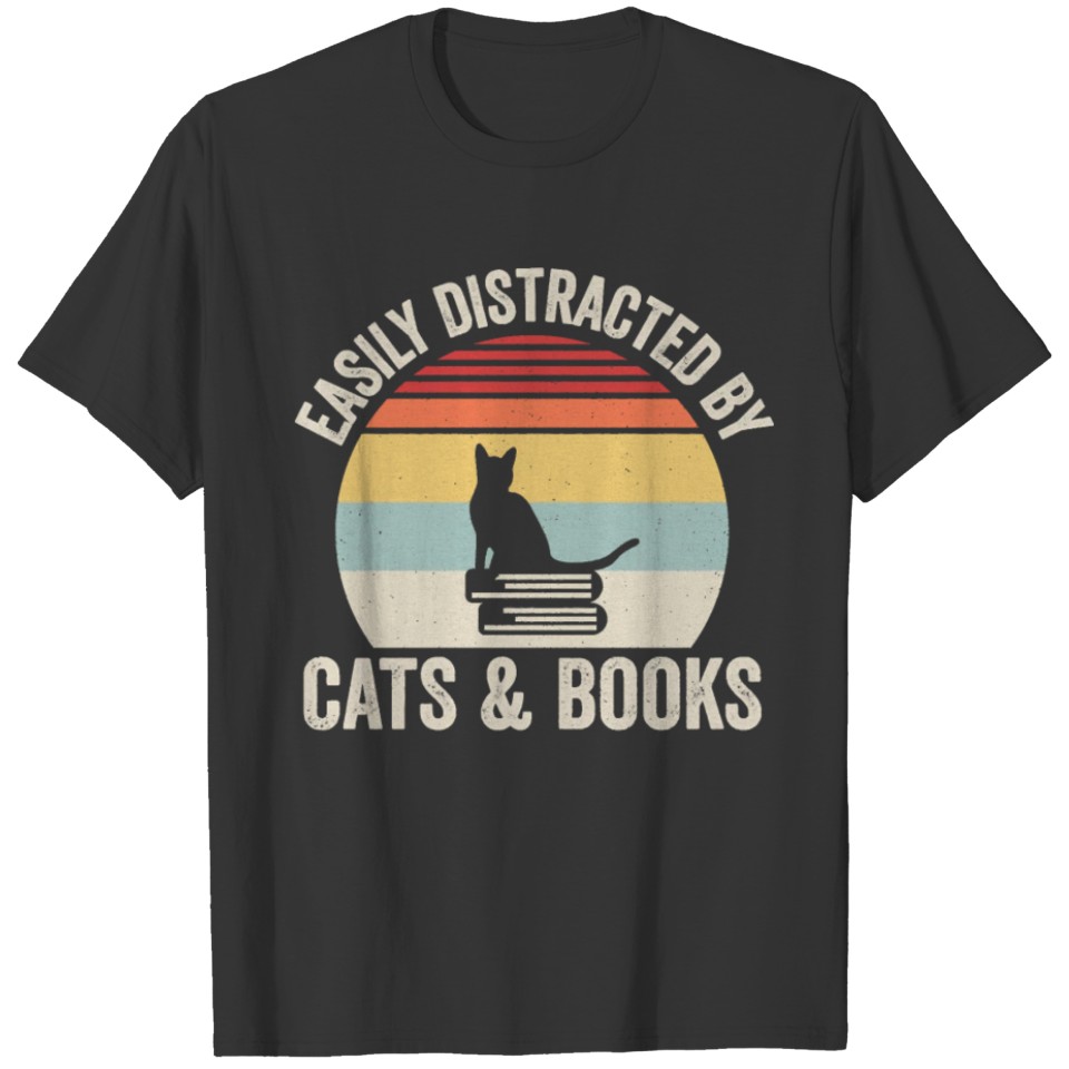 Vintage Retro Easily Distracted By Cats And Books T-shirt