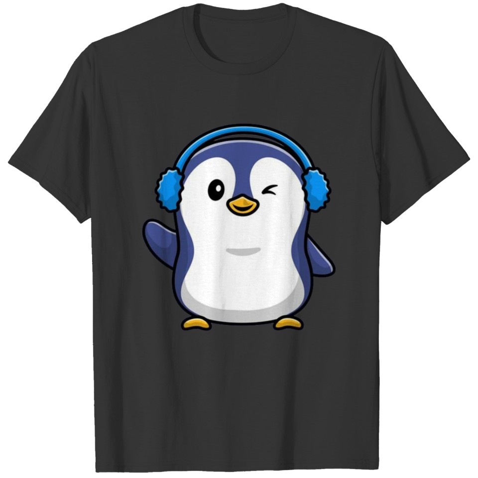 Cute penguin wearing earmuff blue T-shirt