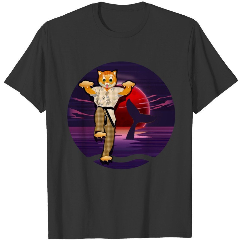 Karate Cat a Red Moon Ocean View T-shirt