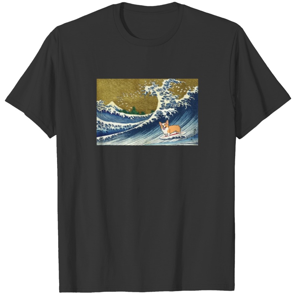 Corgi dog surfing The Great Wave T Shirts