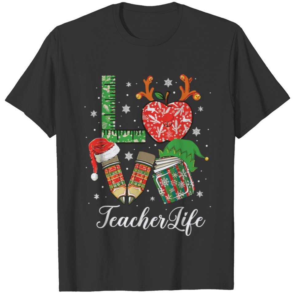 Love Teacher Life Christmas Pajama Pencil Apple T Shirts