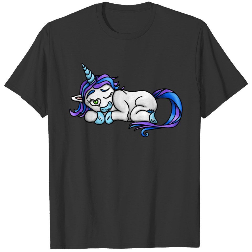 Wink Lying Sleeping Unicorn Purple Blue Hair Eyes T Shirts