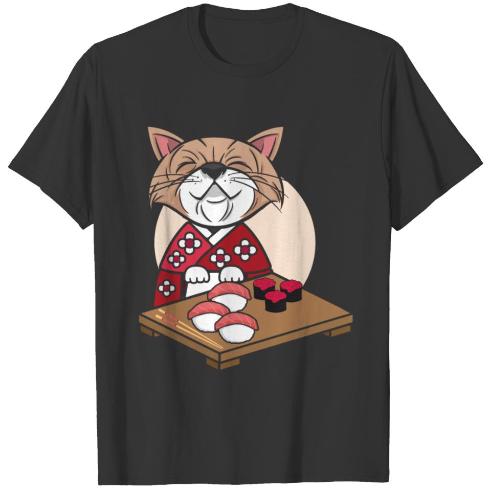 Kawaii Cat Eating Sushi T-shirt