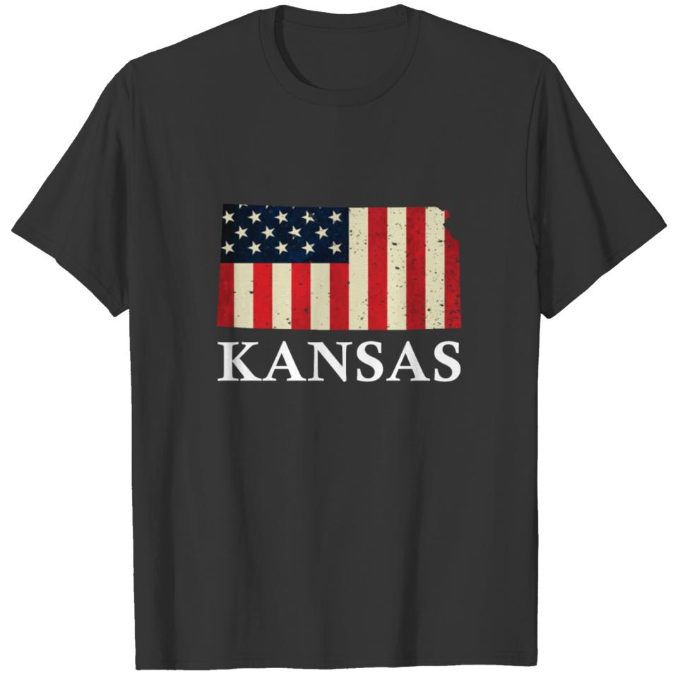 Kansas Map State American Flag 4th Of July T-shirt
