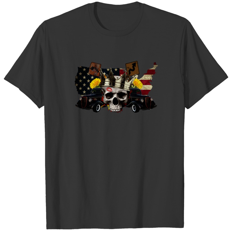 Hot Rod Street King Classic Skull American Flag T-shirt