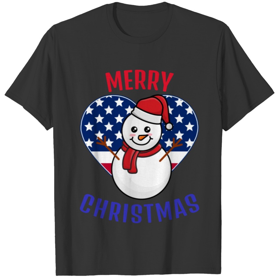 Snowman with Santa hat in front of flag T-shirt