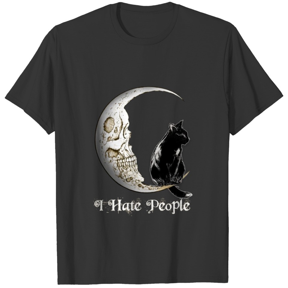 Cat Black Cat Moon skull I Hate People T-shirt