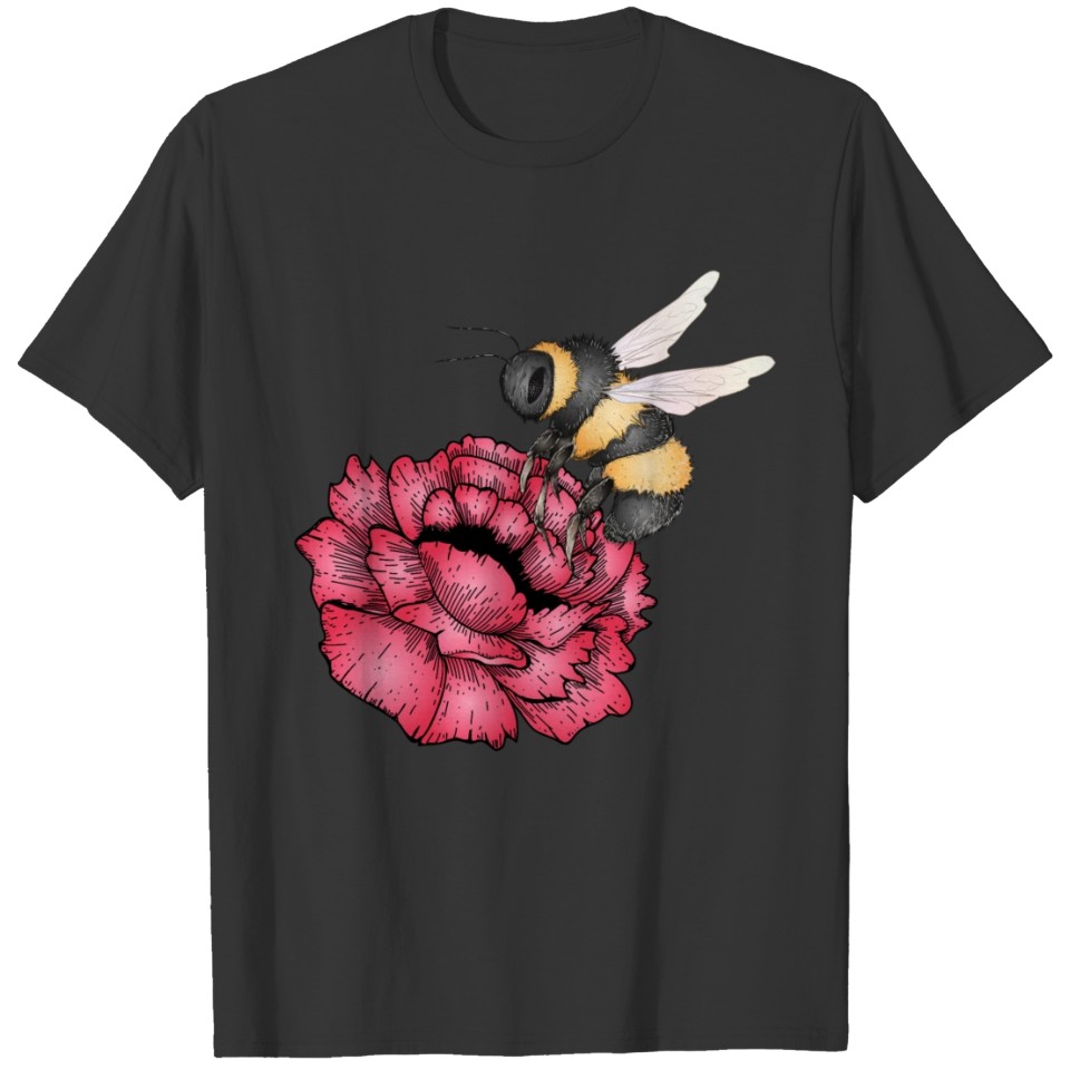 Drawing of a flying bumblebee with a red flower T Shirts