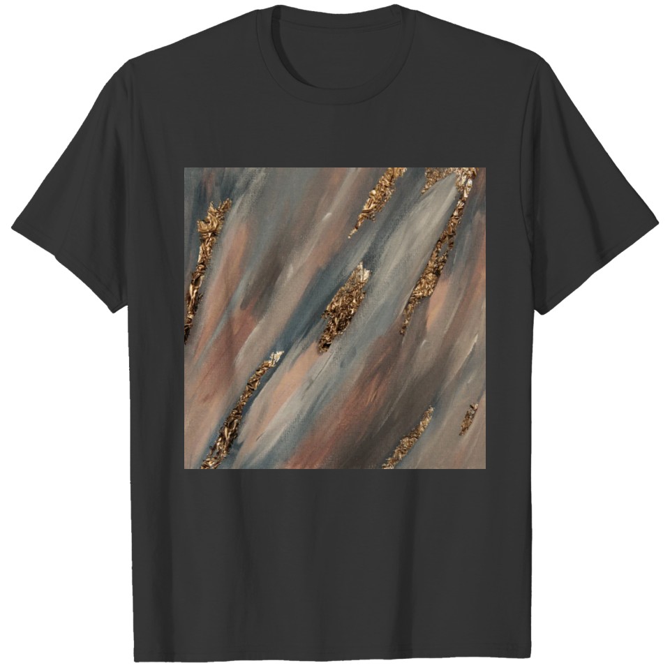 Blue Pink Paint Brushstrokes Gold Foil Abstract T-shirt