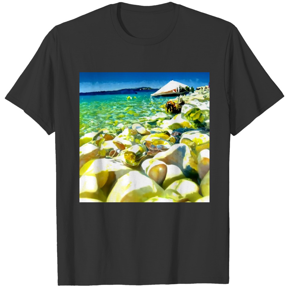 Sunny rocky beach with crystal clear sea T-shirt