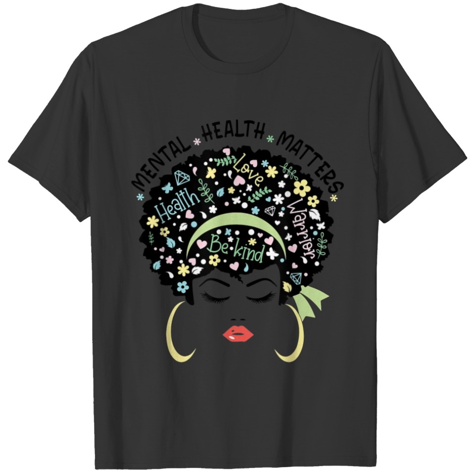 Mental Health Matters Girl w/ Afro & Green Ribbon T Shirts