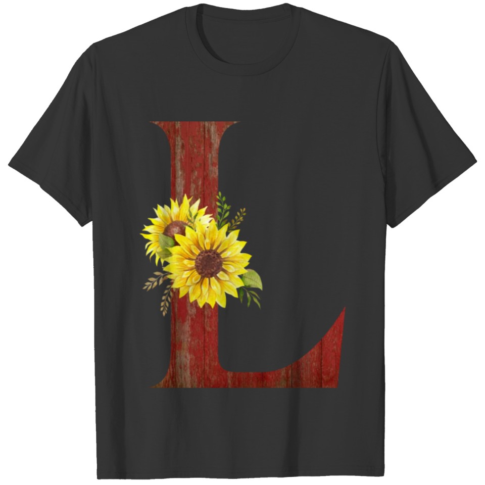 Red Barn Wood and Sunflowers Monogram Letter L T-shirt