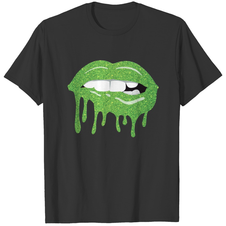 Women's Dripping Lips Green Kiss Green Lip Biting T-shirt
