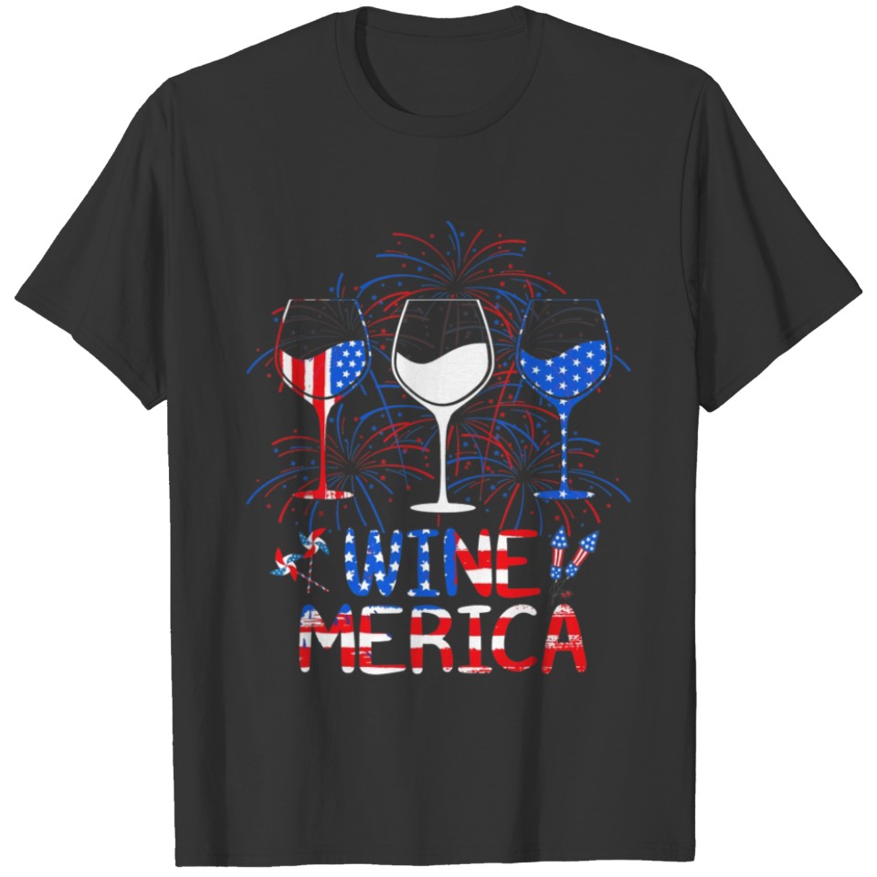 Merica Wine Glass Firework 4th of July T-shirt