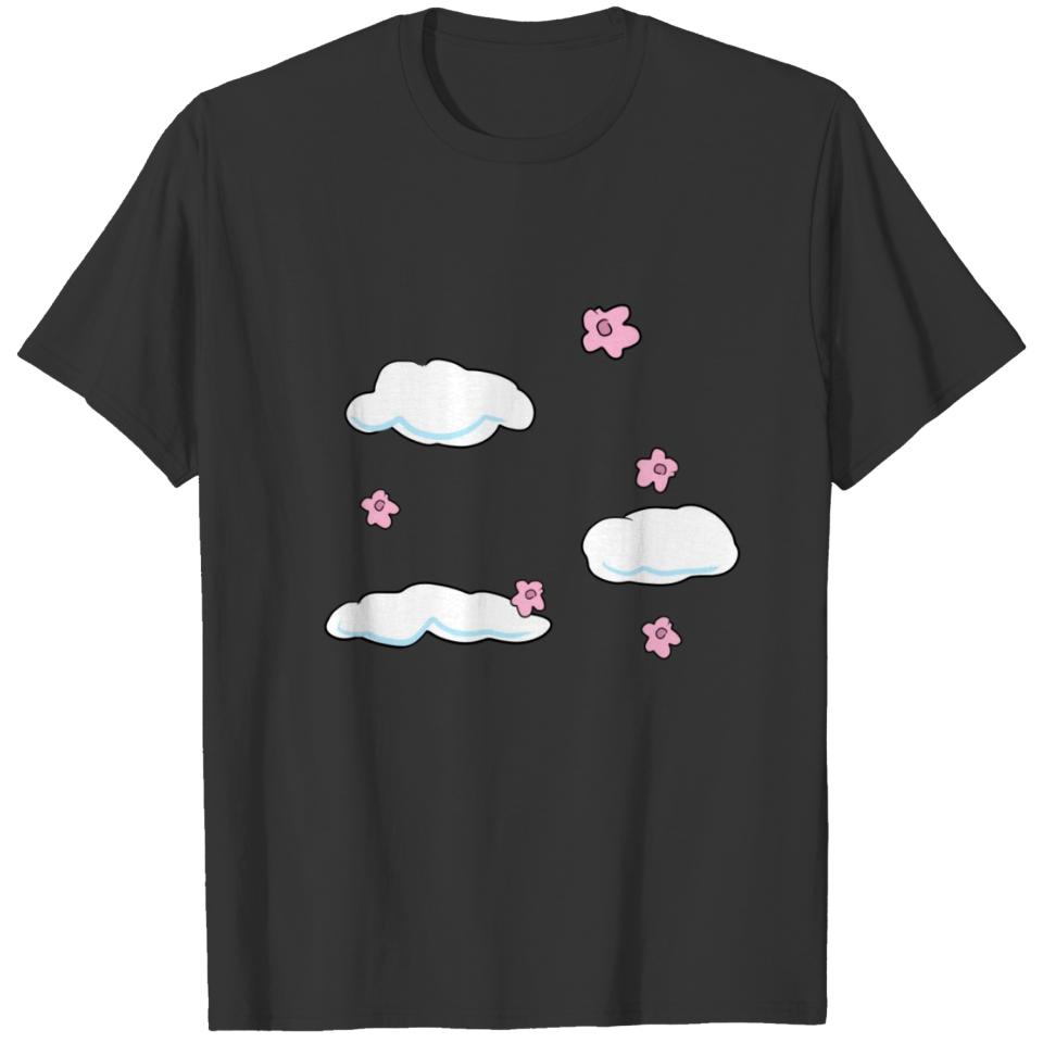 cartoon clouds flowers sky pattern T-shirt