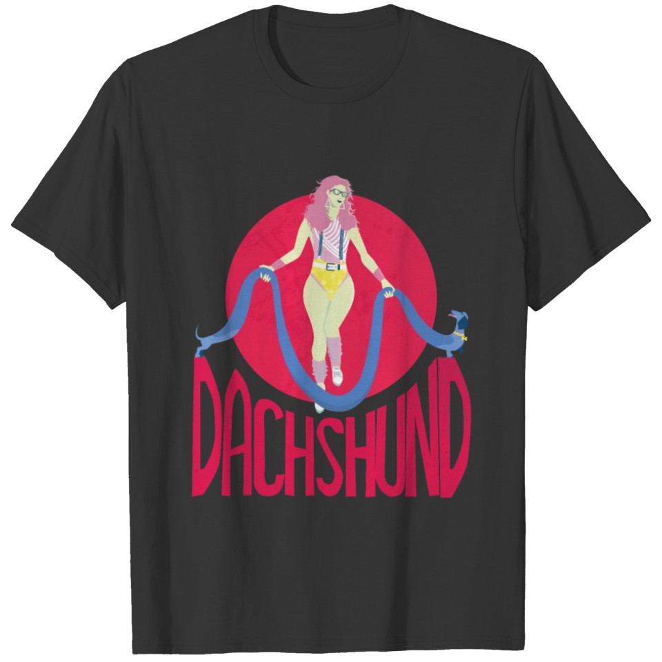 A woman with a very long dachshund. T-shirt