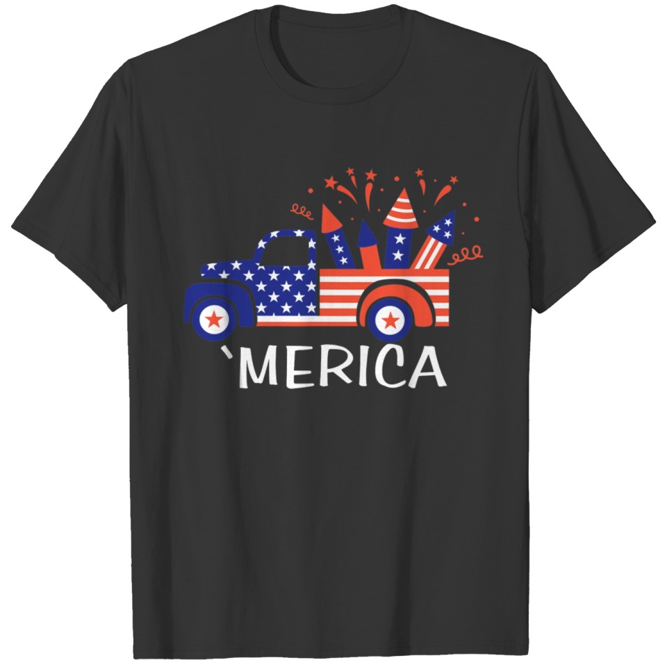 Merica Truck 4th of July Red White Blue USA Flag T-shirt