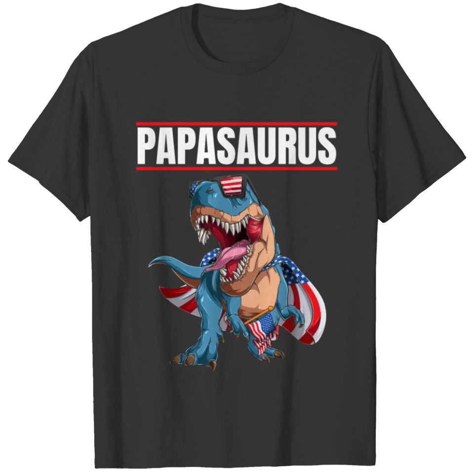 Papasaurus Patriotic Dinosaur Papa With Flag Cape T-shirt