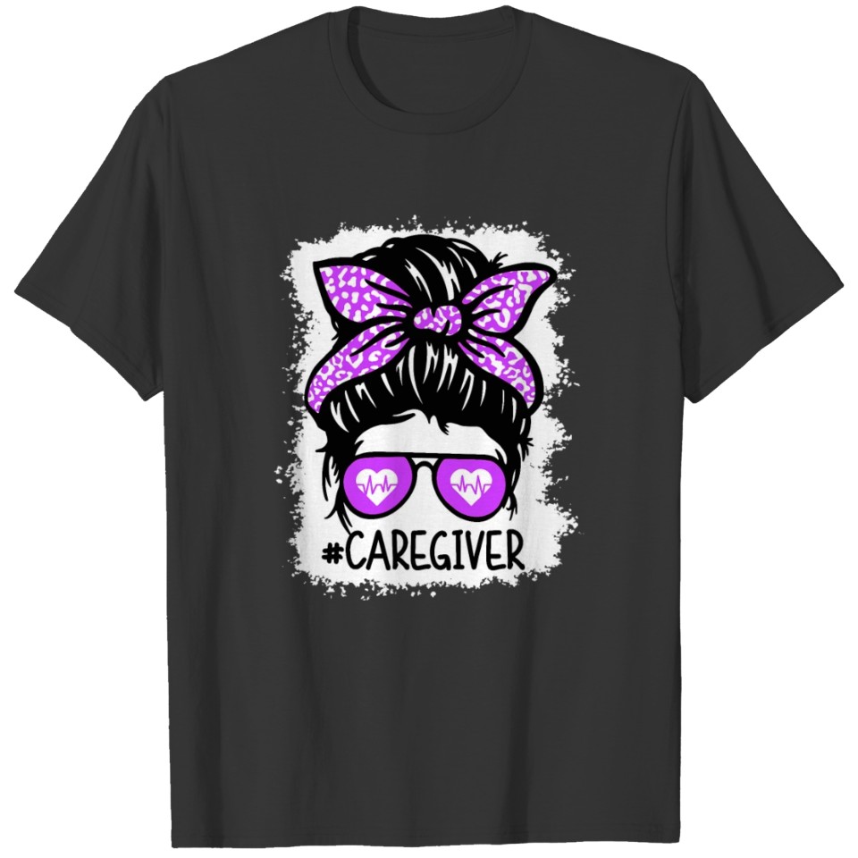 Messy bun Caregiver Life Purple Leopard Bleached T Shirts