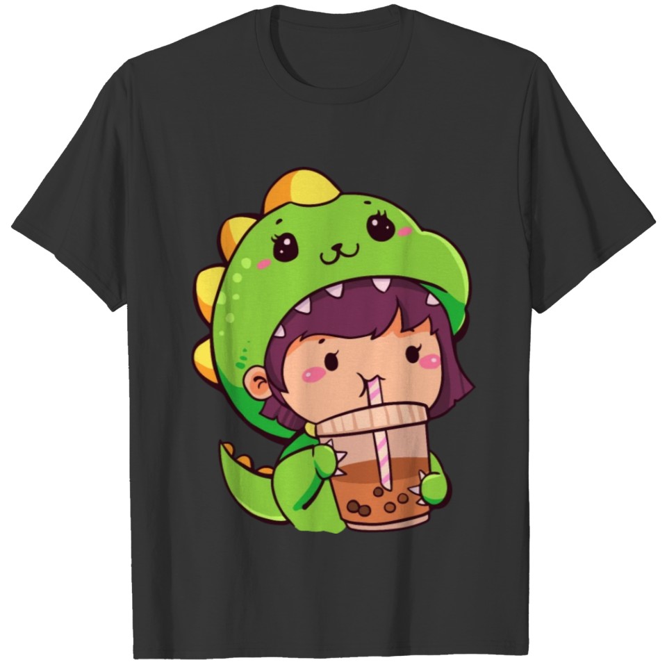 Cute girl with dinosaur cosplay drinking boba tea T Shirts