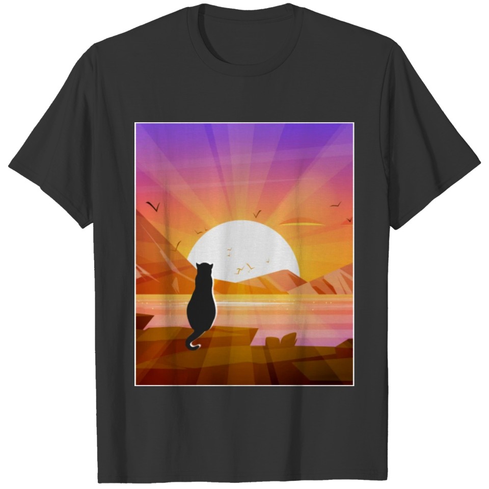 Black Cat Watching Sunset / Cute Cat Sunset T Shirts