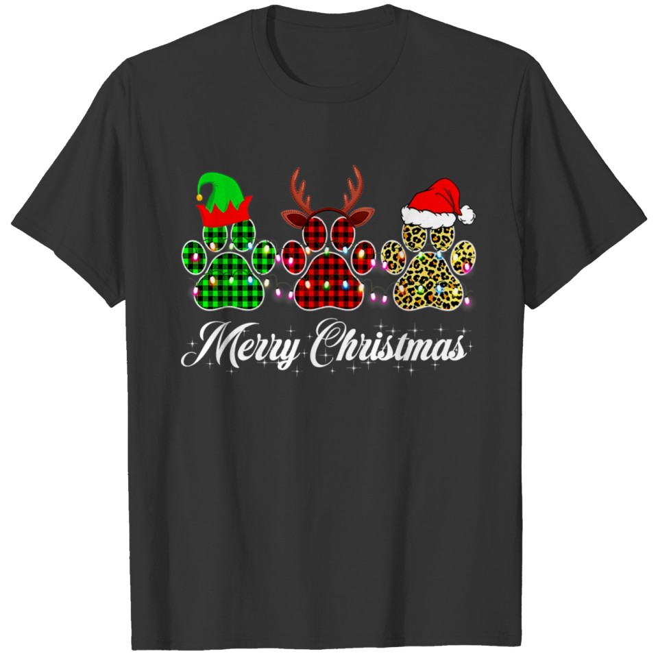Merry Christmas Dog Or Cat Paw Buffalo Plaid Funny T Shirts