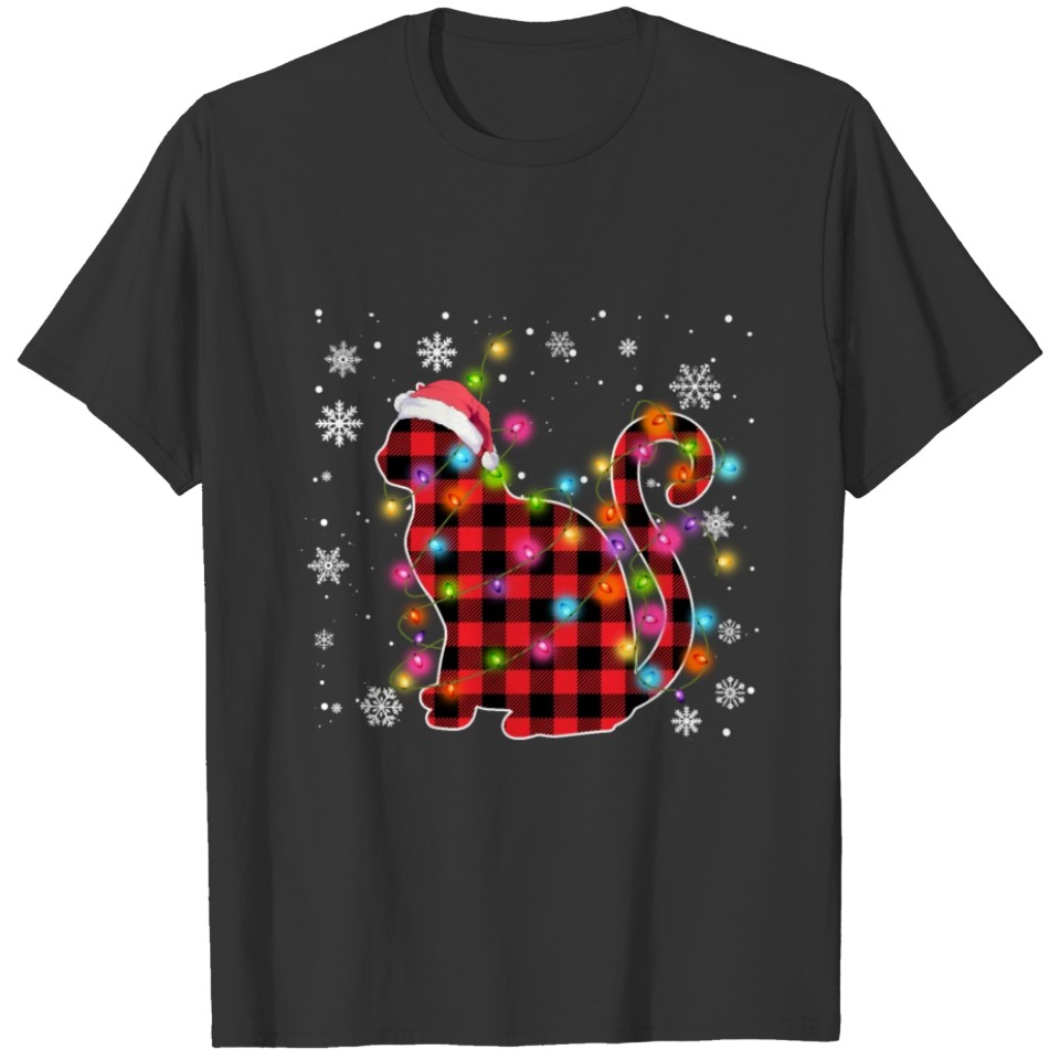 Red Buffalo Plaid Cat Santa Christmas Pajama T Shirts