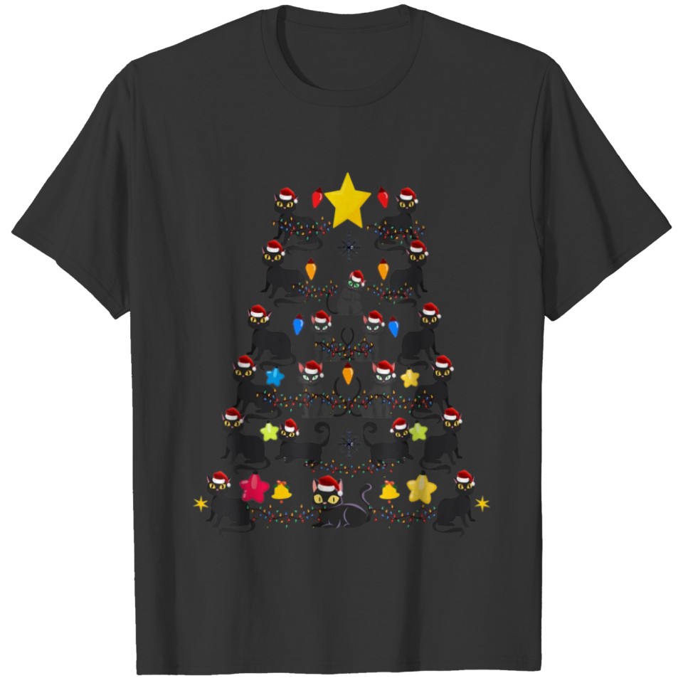 Black Cat Christmas Tree Light Funny Moew T Shirts