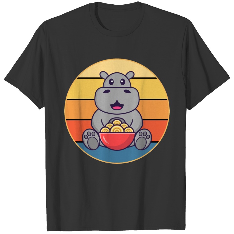 Cute Hippopotamus Eating Ramen Vintage Retro T Shirts