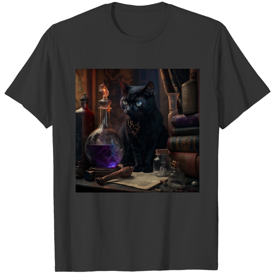 Black cat sitting on table spell on a potion T Shirts