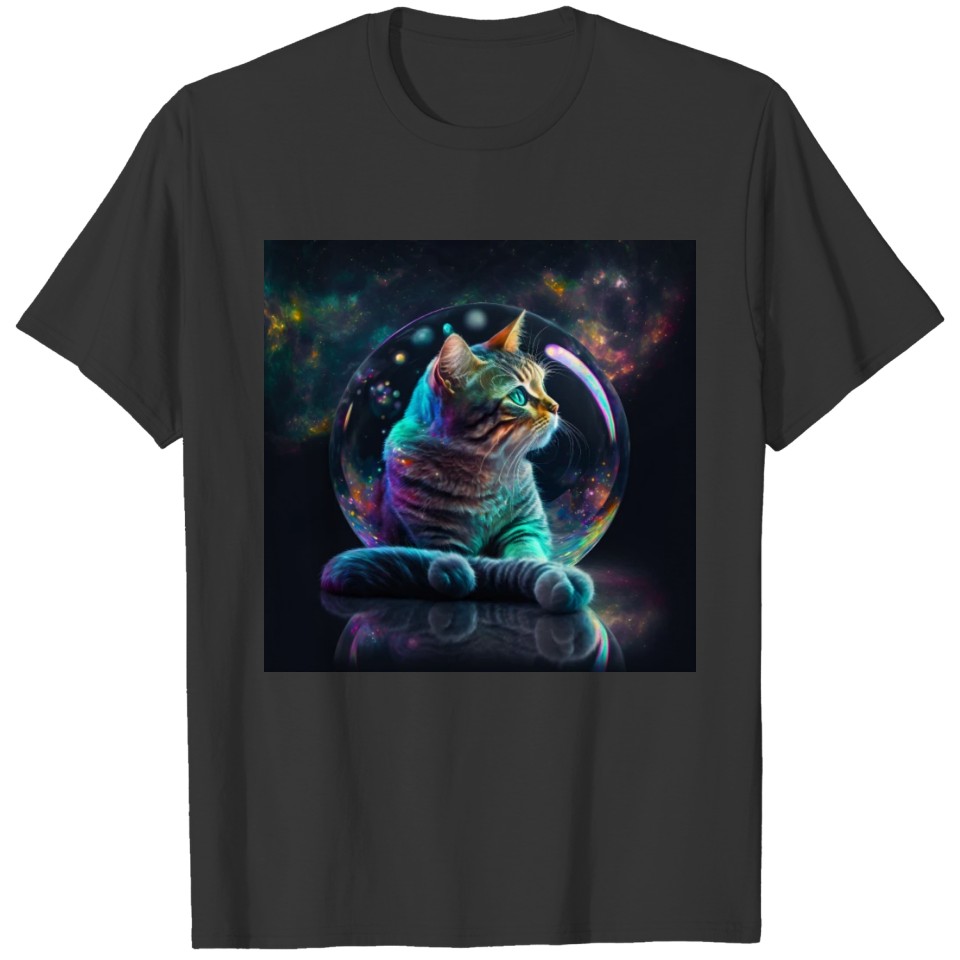 Cat in space bubble reflections colorful T Shirts