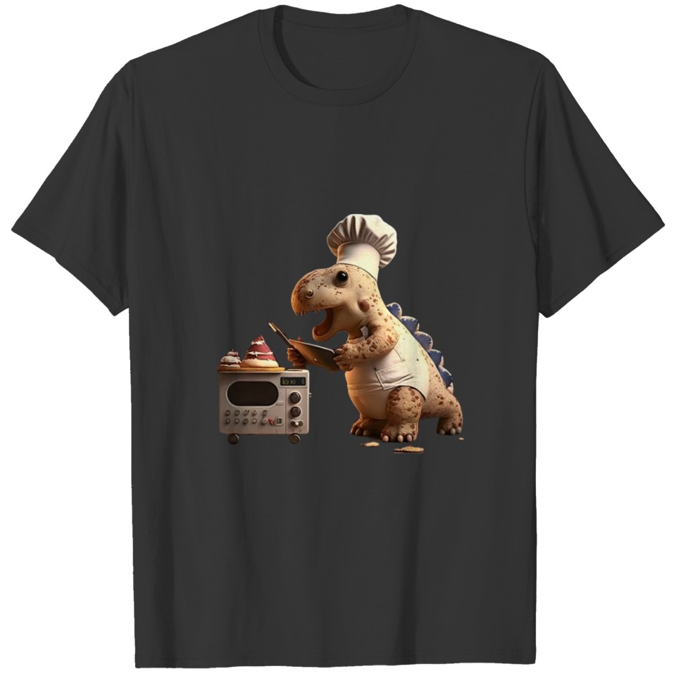 cute baby dinosaur happy chef in bakery with cellp T Shirts