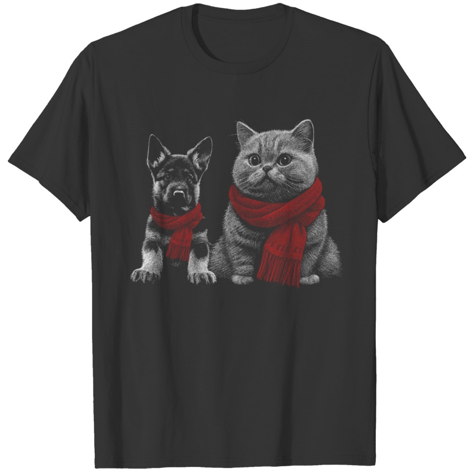Baby Dog And Cat Wearing Scarves Realistic Style T Shirts