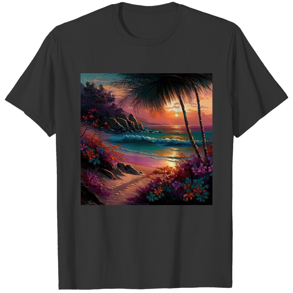 Colorful Tropical Island Beach Sunset Design T Shirts