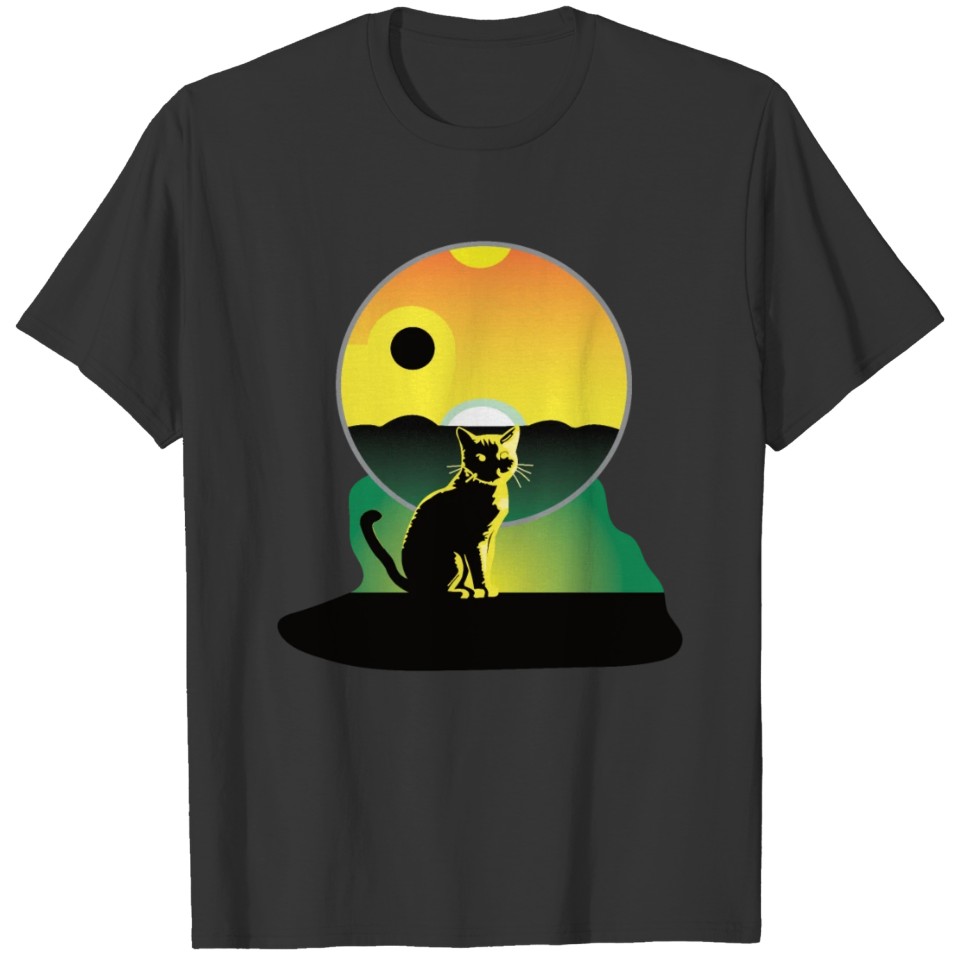 Black Cat Watching You Watching An Alien Sunset T Shirts