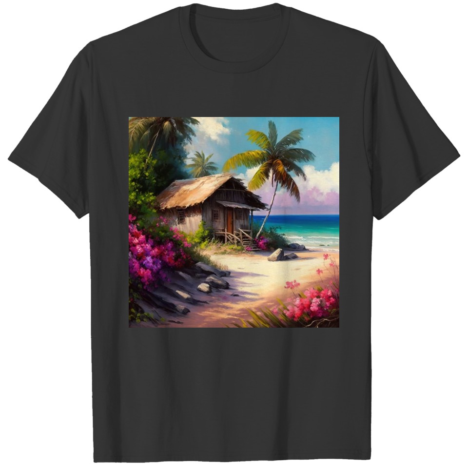 Colorful Tropical Island Beach Cabin Design T Shirts